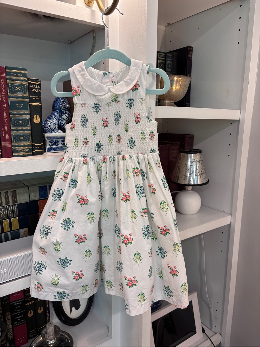 White Floral Sleeveless Cotton Dress with Peter Pan Collar